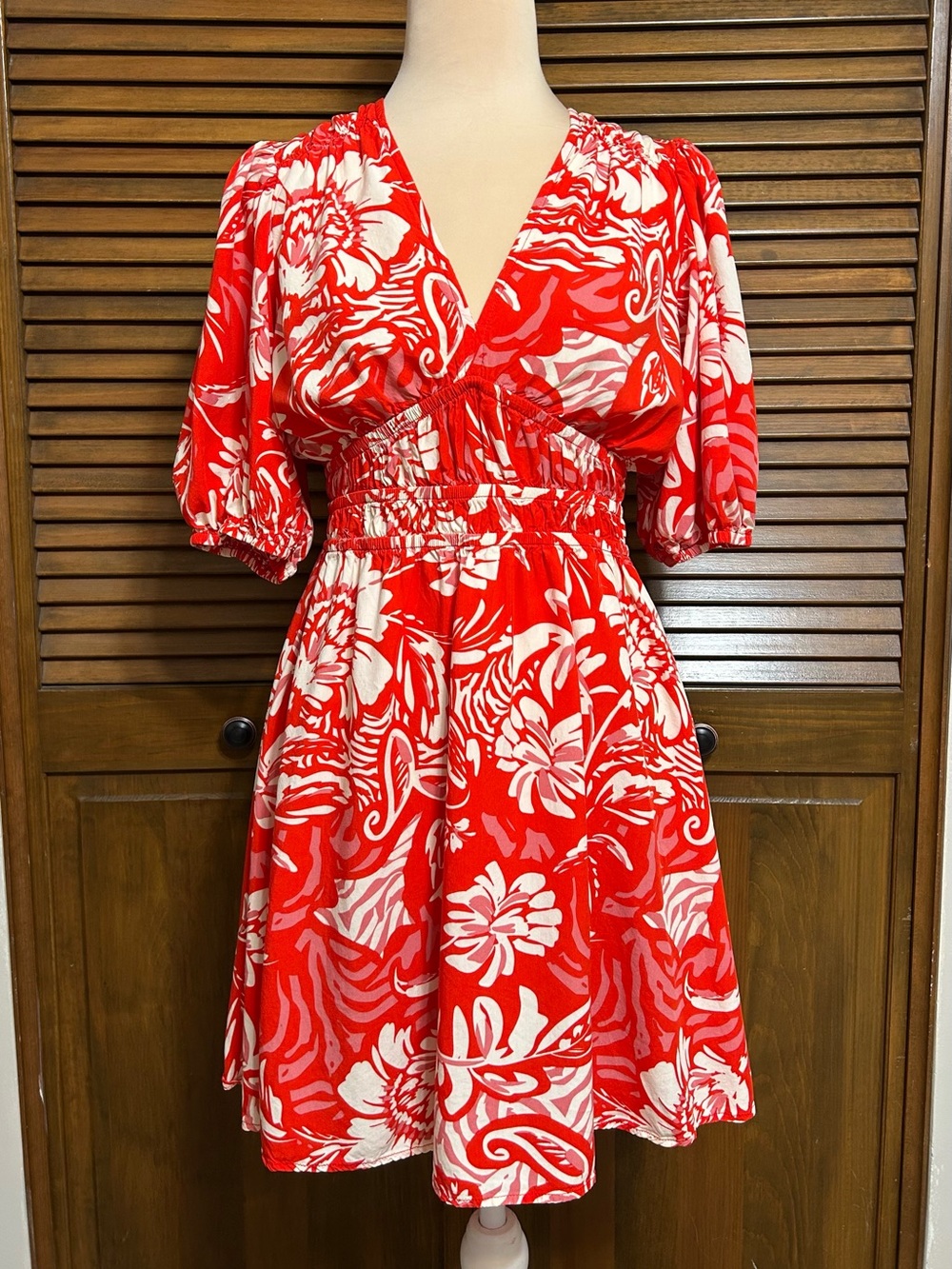 Abel the Label Orange/Red & Off-White Floral V-Neck Puff Sleeve Dress Size M
